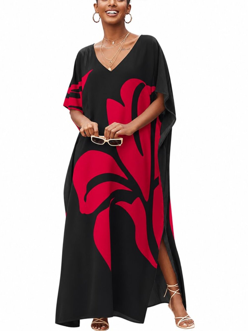 Plus Size Floral Printed Caftan Dress Summer Beach Cover Up Maxi Dresses
